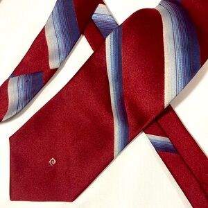 Pierre Cardin Mens Necktie Vintage Burgundy Gray Stripes Slim Preppy